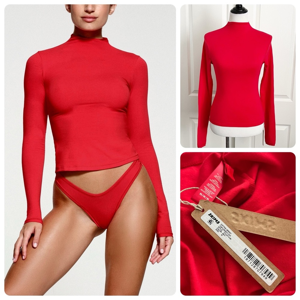 New Skims Cotton Jersey Turtleneck Top - Red - Long Sleeve - Size M